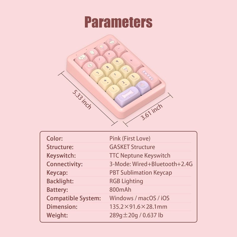 FOPATO NumberPad,21Keys HotSwappable Numpad,Bluetooth5.0/2.4G/Type-C Wireless Numeric Keypad,Rechargeable Number keypad,RGB Gasket Structure Mechanical Keyboard with PBT Keycap for PC Laptop Notebook - Image 4